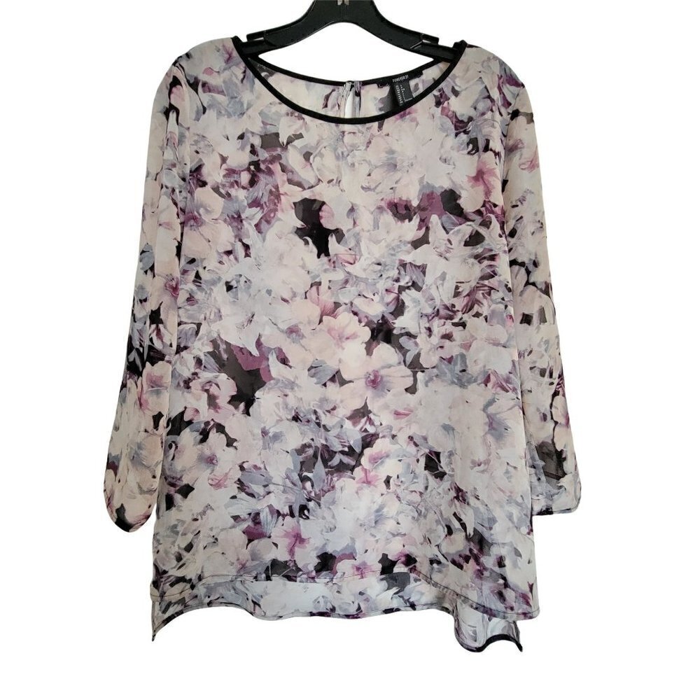 H&M Pink Floral Key Hole Back Long Sleeve Sheer Round Neck Silky Blouse Sz Large